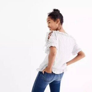 Madewell Ruffled Lace-Up Sleeve Stripes Top Shirt Size XXS‎ Cotton White Blue